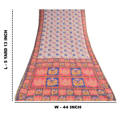 Sanskriti Vintage Sarees Ivory Pure Cotton Patan Patola Printed Sari 5+yd Sustainable Fabric