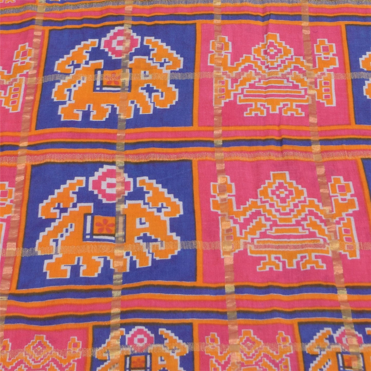 Sanskriti Vintage Sarees Ivory Pure Cotton Patan Patola Printed Sari 5+yd Sustainable Fabric