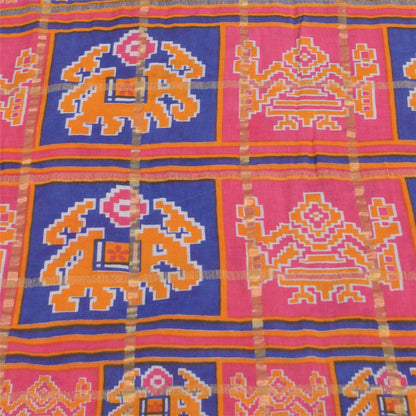 Sanskriti Vintage Sarees Ivory Pure Cotton Patan Patola Printed Sari 5+yd Sustainable Fabric