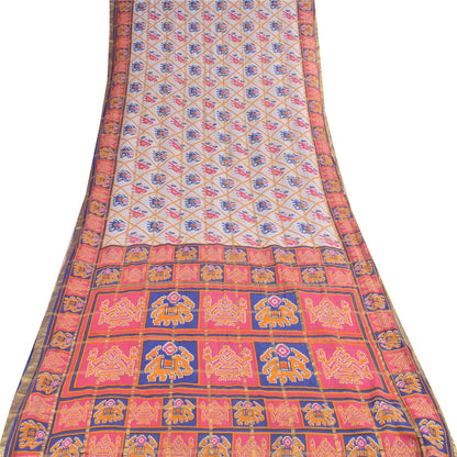 Sanskriti Vintage Sarees Ivory Pure Cotton Patan Patola Printed Sari 5+yd Sustainable Fabric