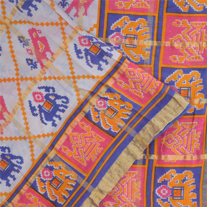 Sanskriti Vintage Sarees Ivory Pure Cotton Patan Patola Printed Sari 5+yd Sustainable Fabric