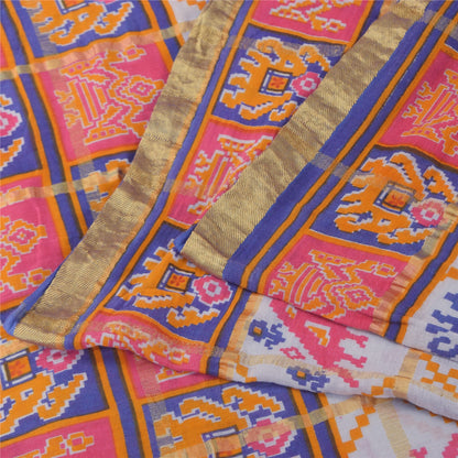 Sanskriti Vintage Sarees Ivory Pure Cotton Patan Patola Printed Sari 5+yd Sustainable Fabric