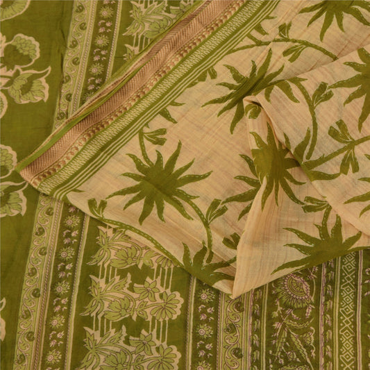 Sanskriti Vintage Sarees Cream/Green Pure Cotton Printed Sari 5+yd Craft Sustainable Fabric