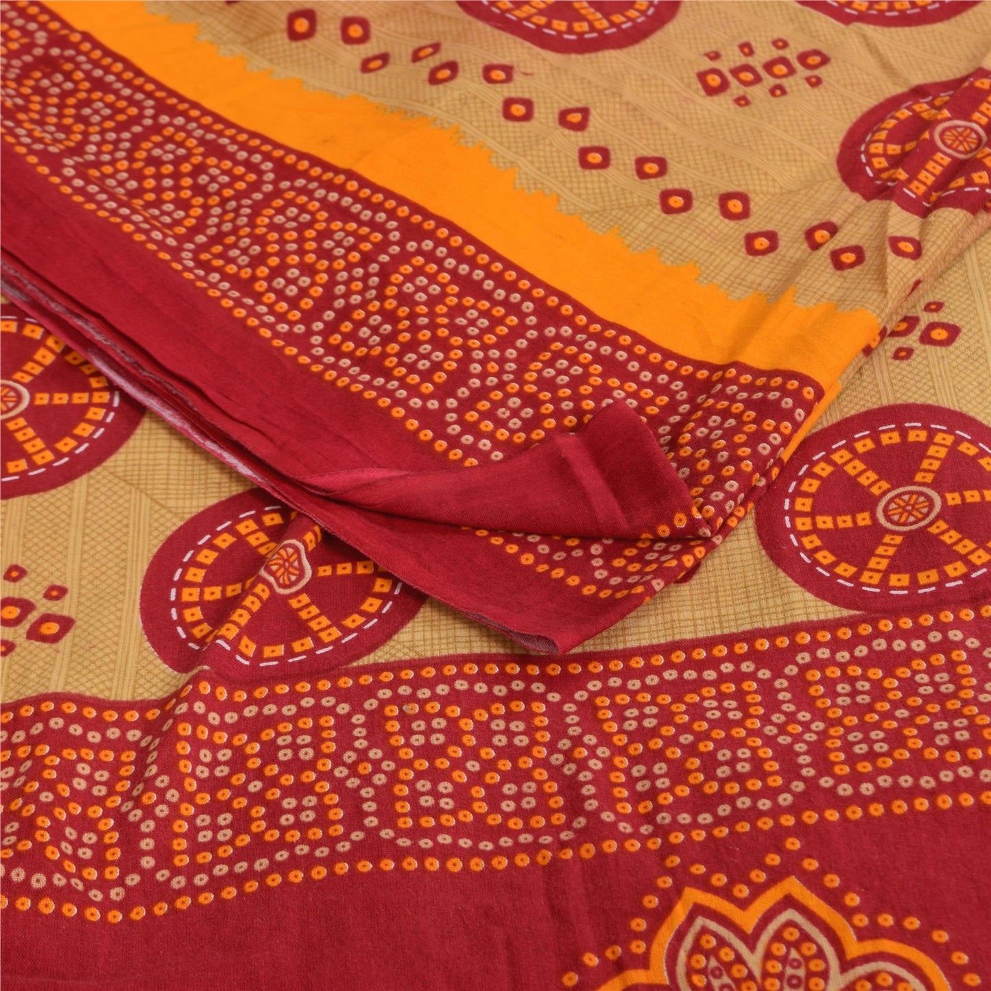 Sanskriti Vintage Sarees Red/Cream Bandhani Pure Cotton Printed Sari 5+yd Sustainable Fabric