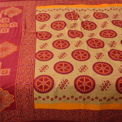 Sanskriti Vintage Sarees Red/Cream Bandhani Pure Cotton Printed Sari 5+yd Sustainable Fabric