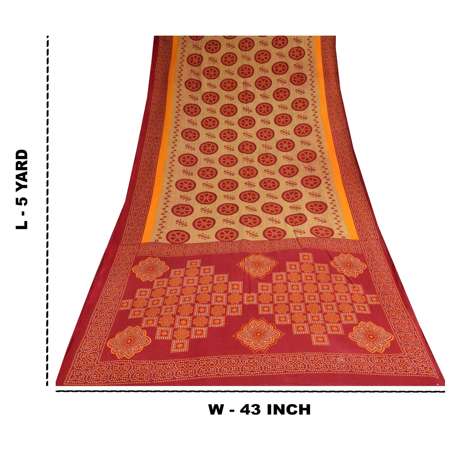 Sanskriti Vintage Sarees Red/Cream Bandhani Pure Cotton Printed Sari 5+yd Sustainable Fabric