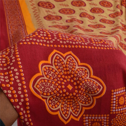 Sanskriti Vintage Sarees Red/Cream Bandhani Pure Cotton Printed Sari 5+yd Sustainable Fabric