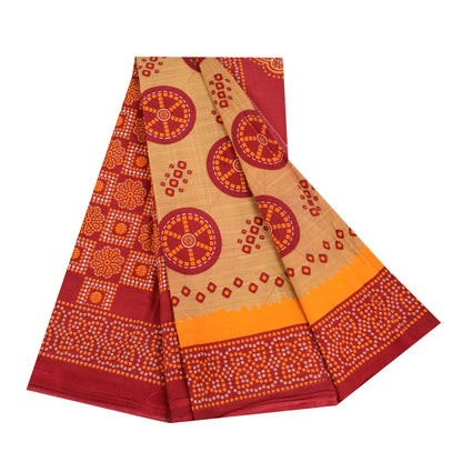 Sanskriti Vintage Sarees Red/Cream Bandhani Pure Cotton Printed Sari 5+yd Sustainable Fabric