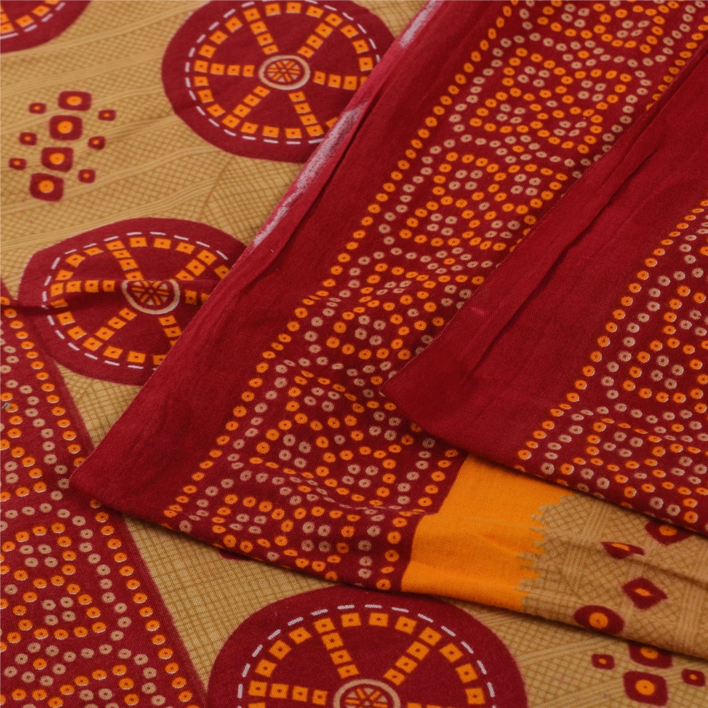 Sanskriti Vintage Sarees Red/Cream Bandhani Pure Cotton Printed Sari 5+yd Sustainable Fabric