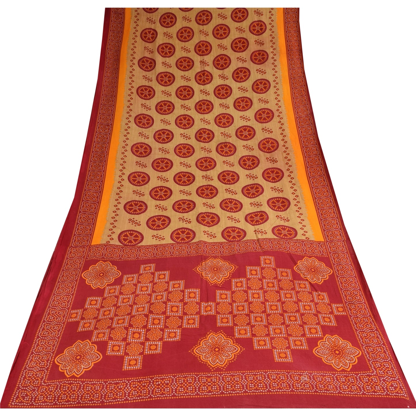 Sanskriti Vintage Sarees Red/Cream Bandhani Pure Cotton Printed Sari 5+yd Sustainable Fabric