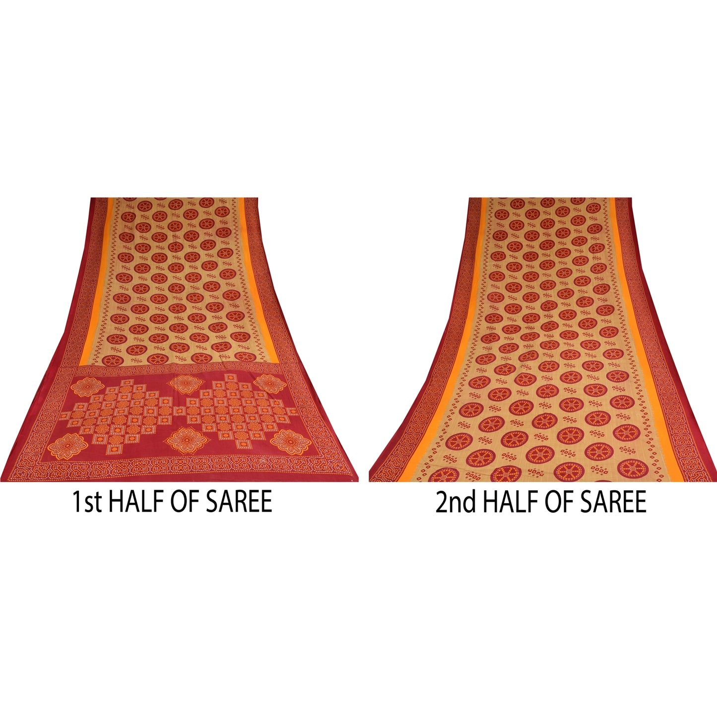 Sanskriti Vintage Sarees Red/Cream Bandhani Pure Cotton Printed Sari 5+yd Sustainable Fabric