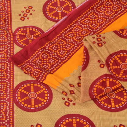 Sanskriti Vintage Sarees Red/Cream Bandhani Pure Cotton Printed Sari 5+yd Sustainable Fabric