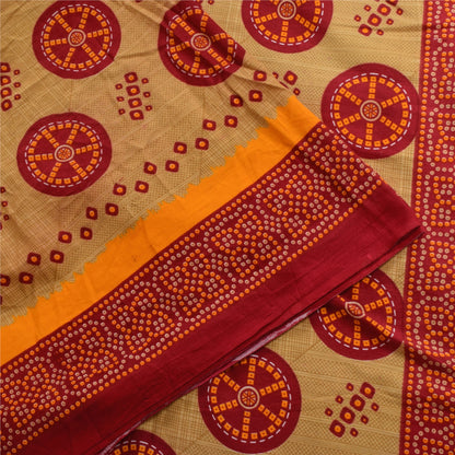 Sanskriti Vintage Sarees Red/Cream Bandhani Pure Cotton Printed Sari 5+yd Sustainable Fabric