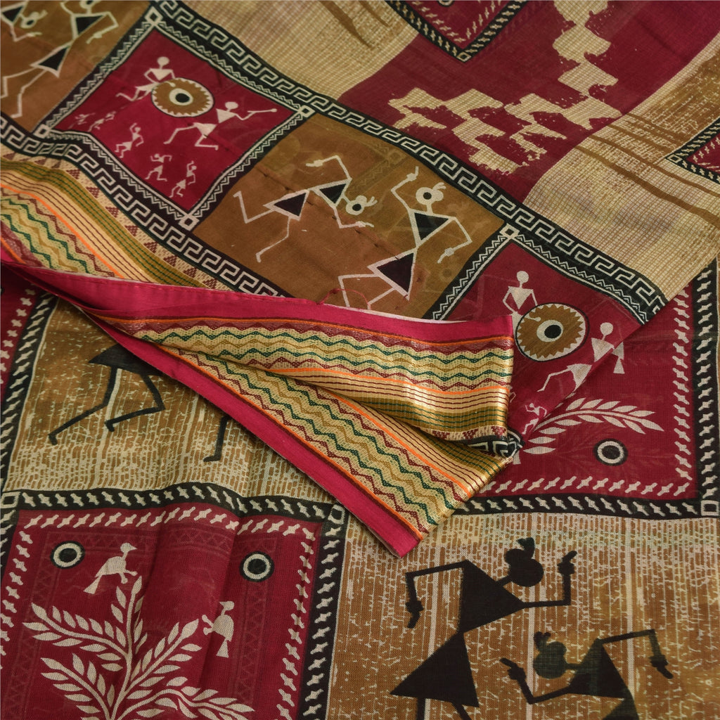Sanskriti Vintage Sarees Red/Cream Warli Art Pure Cotton Print Sari 5+yd Sustainable Fabric
