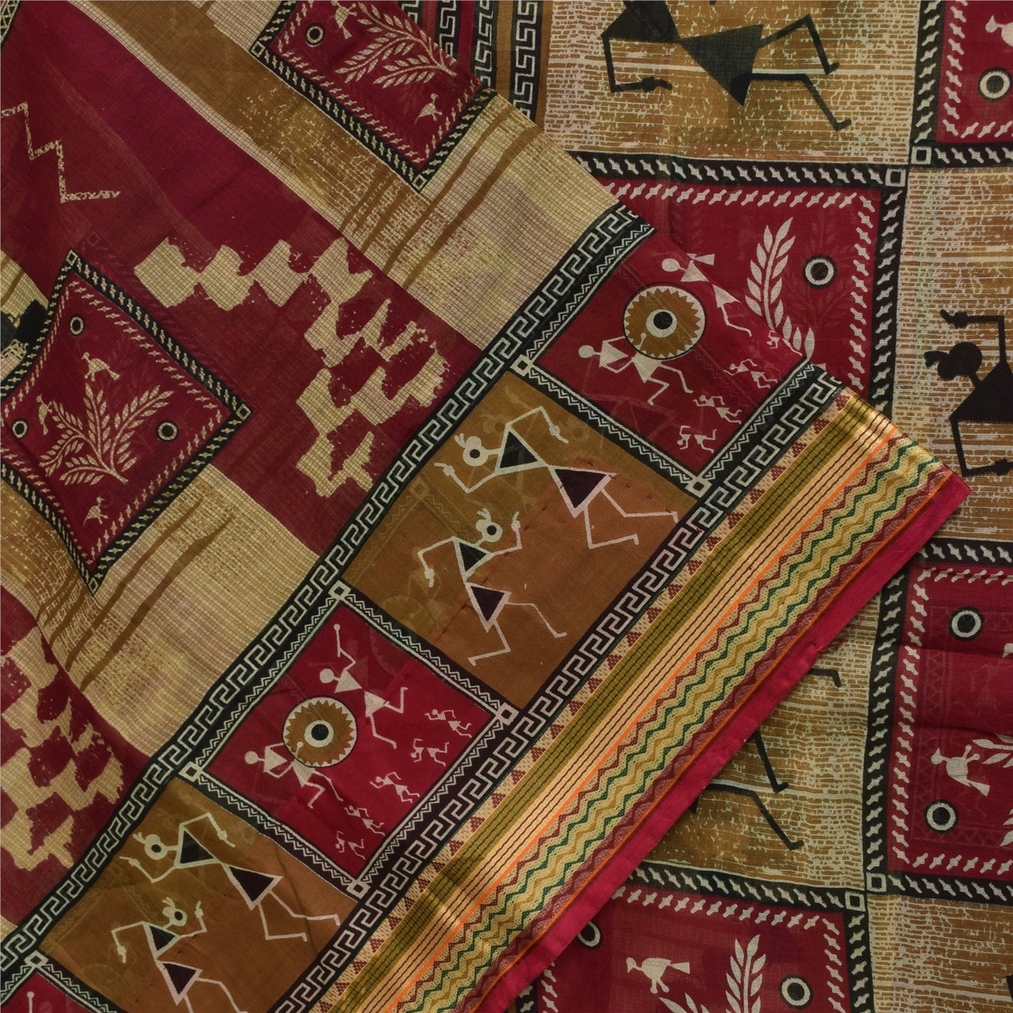 Sanskriti Vintage Sarees Red/Cream Warli Art Pure Cotton Print Sari 5+yd Sustainable Fabric