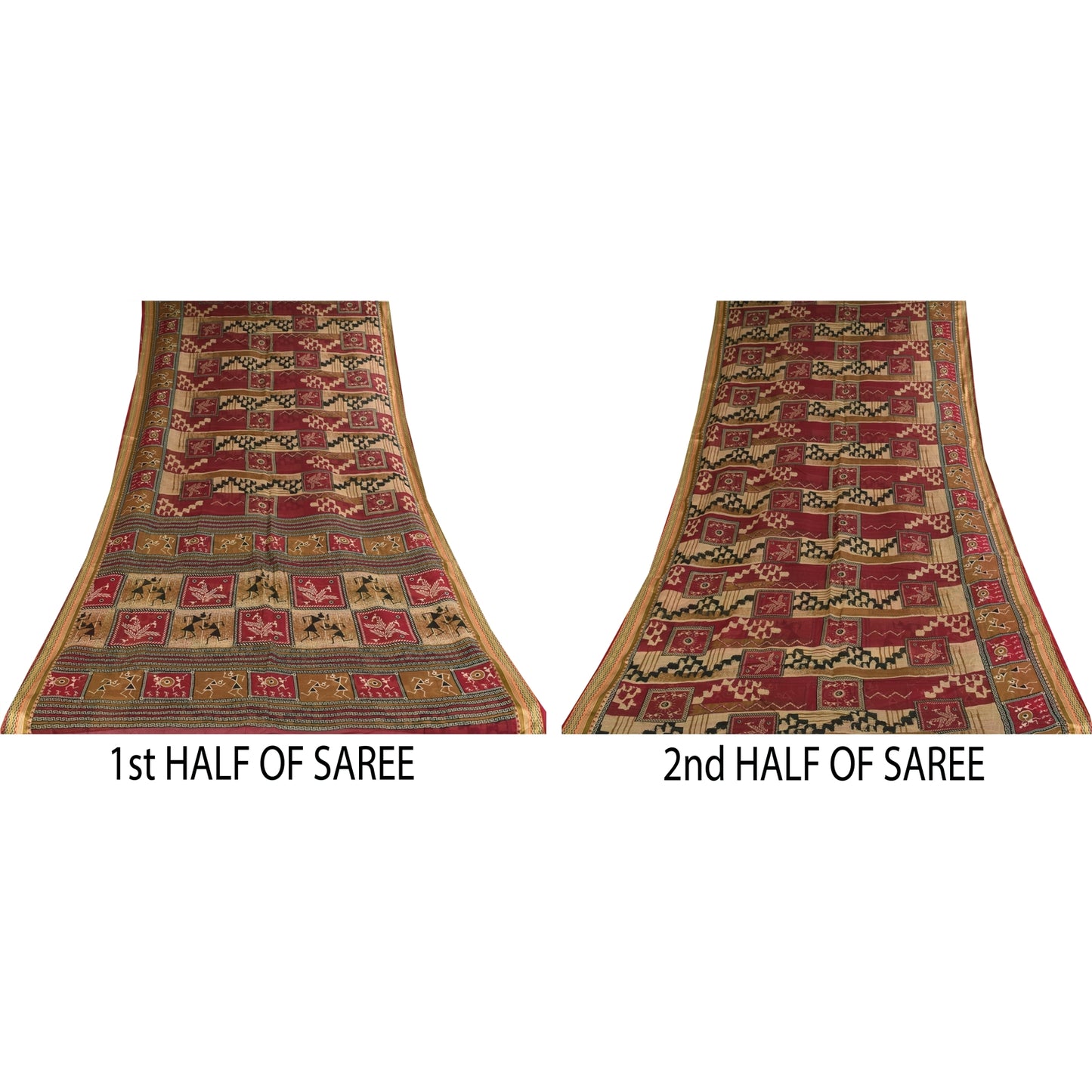 Sanskriti Vintage Sarees Red/Cream Warli Art Pure Cotton Print Sari 5+yd Sustainable Fabric