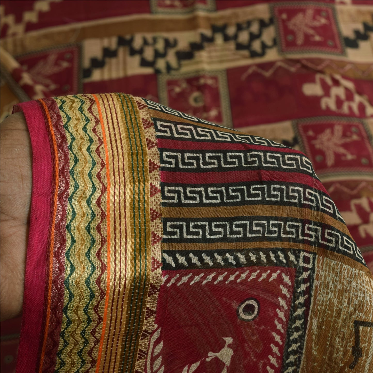 Sanskriti Vintage Sarees Red/Cream Warli Art Pure Cotton Print Sari 5+yd Sustainable Fabric