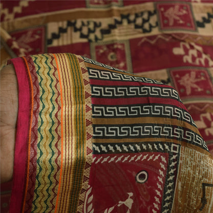 Sanskriti Vintage Sarees Red/Cream Warli Art Pure Cotton Print Sari 5+yd Sustainable Fabric