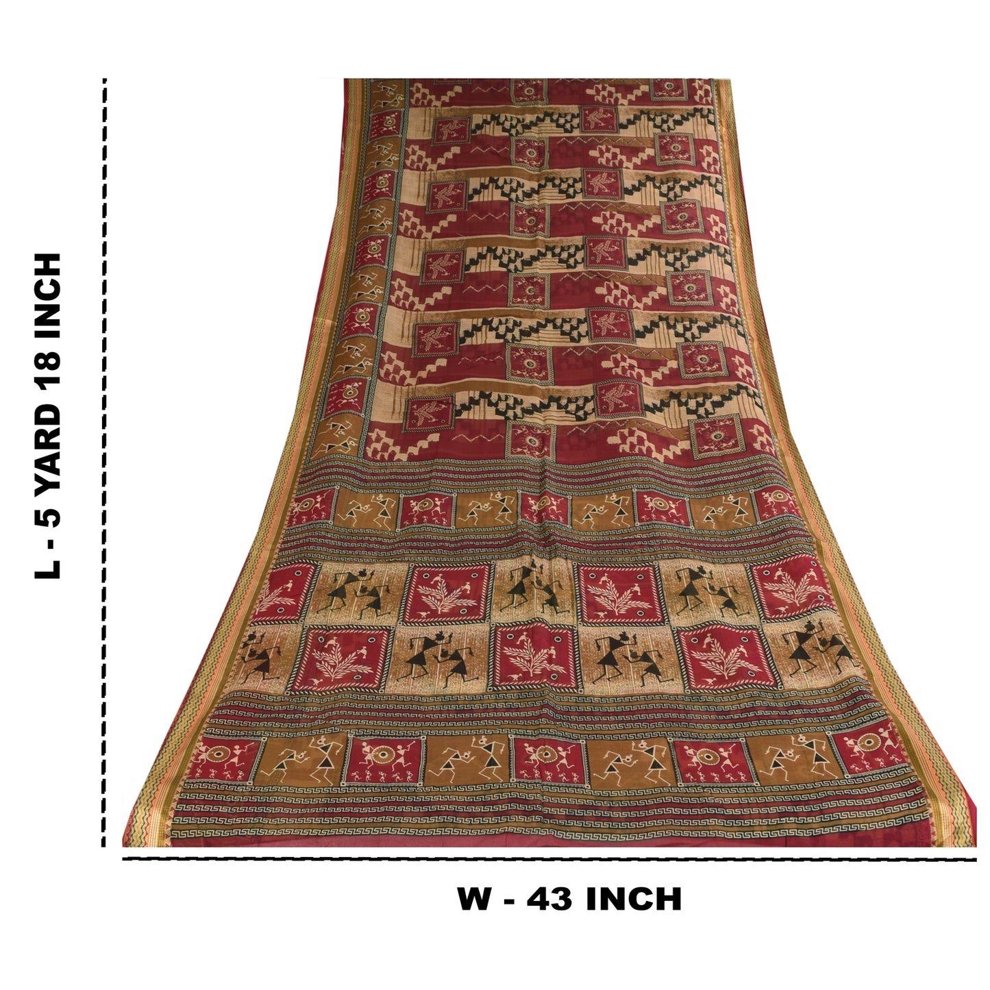 Sanskriti Vintage Sarees Red/Cream Warli Art Pure Cotton Print Sari 5+yd Sustainable Fabric