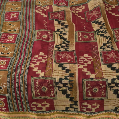 Sanskriti Vintage Sarees Red/Cream Warli Art Pure Cotton Print Sari 5+yd Sustainable Fabric