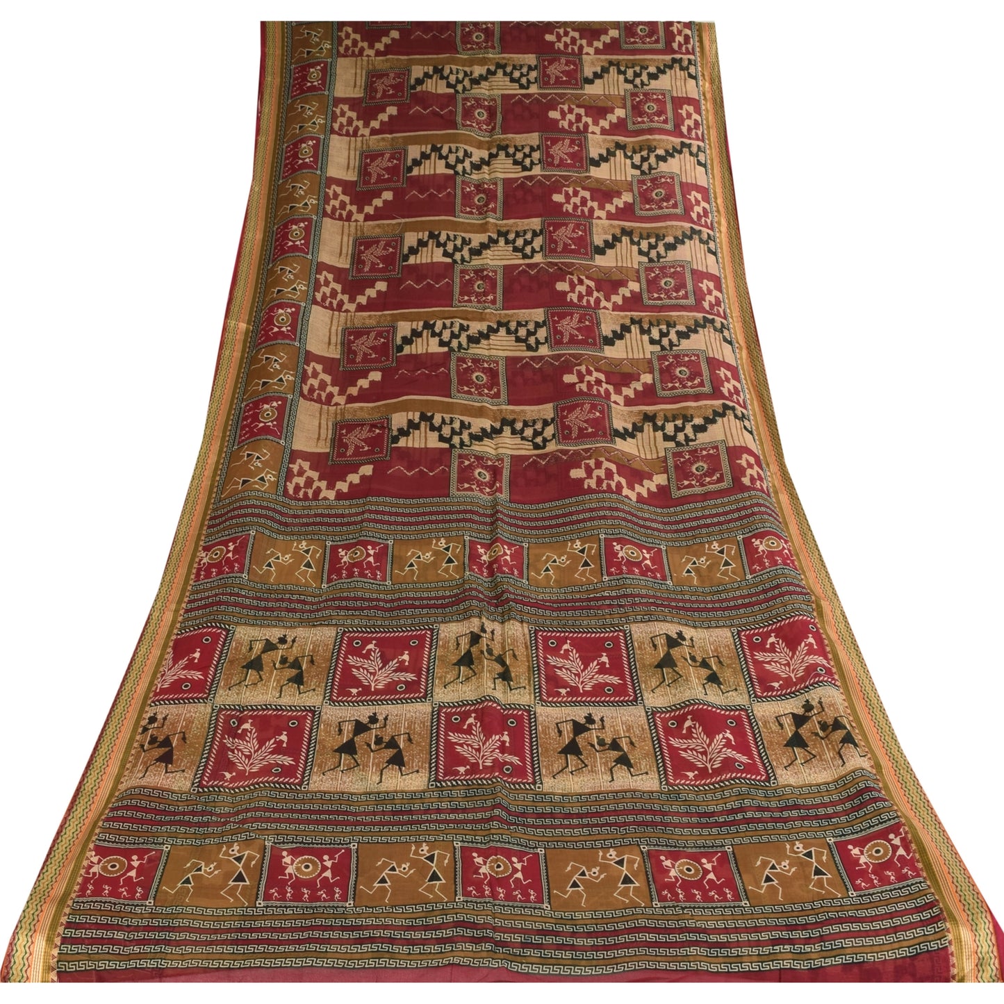 Sanskriti Vintage Sarees Red/Cream Warli Art Pure Cotton Print Sari 5+yd Sustainable Fabric