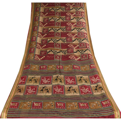 Sanskriti Vintage Sarees Red/Cream Warli Art Pure Cotton Print Sari 5+yd Sustainable Fabric