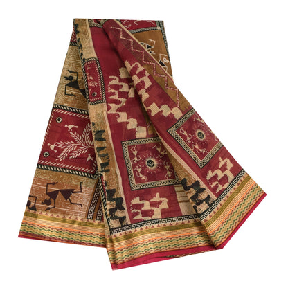 Sanskriti Vintage Sarees Red/Cream Warli Art Pure Cotton Print Sari 5+yd Sustainable Fabric