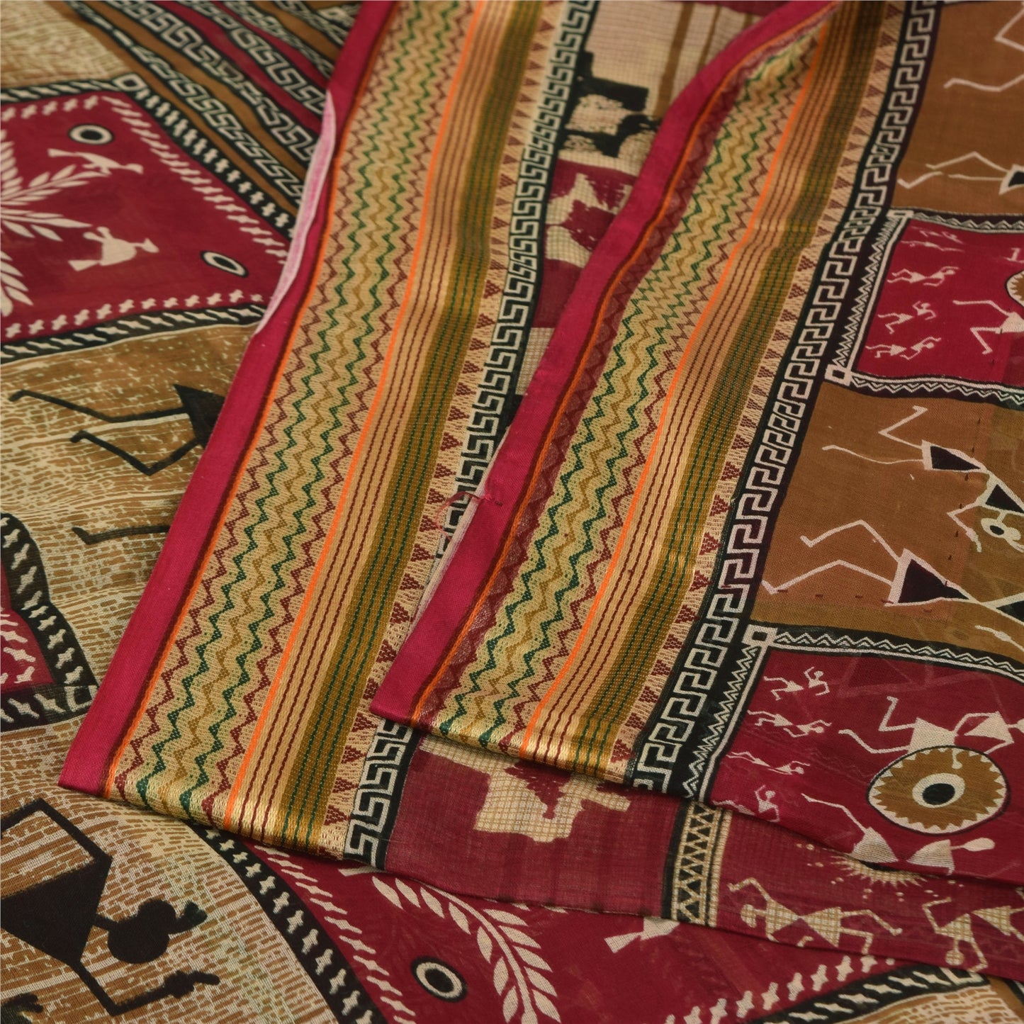 Sanskriti Vintage Sarees Red/Cream Warli Art Pure Cotton Print Sari 5+yd Sustainable Fabric