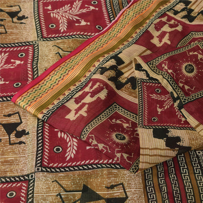 Sanskriti Vintage Sarees Red/Cream Warli Art Pure Cotton Print Sari 5+yd Sustainable Fabric
