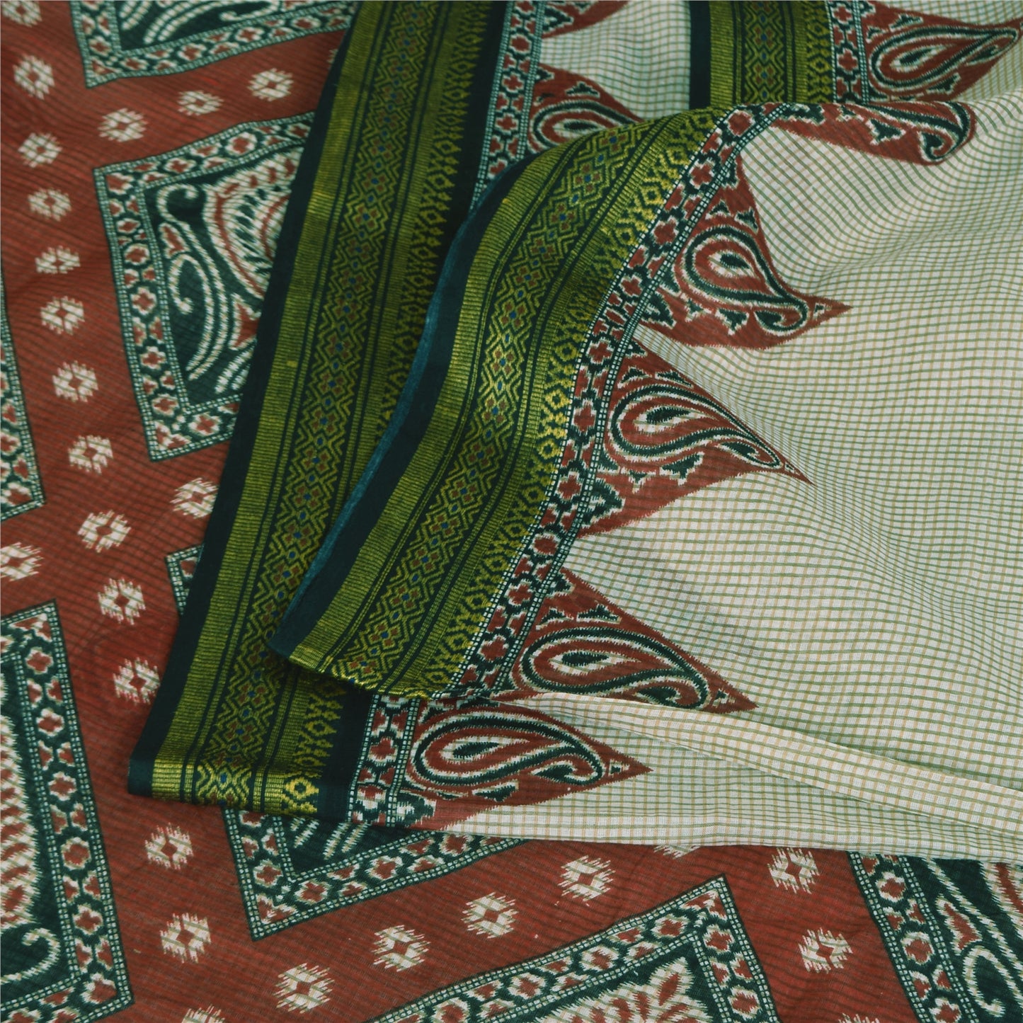 Sanskriti Vintage Sarees Ivory 100% Pure Cotton Printed Sari 5+yd Craft Sustainable Fabric