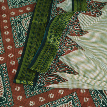 Sanskriti Vintage Sarees Ivory 100% Pure Cotton Printed Sari 5+yd Craft Sustainable Fabric