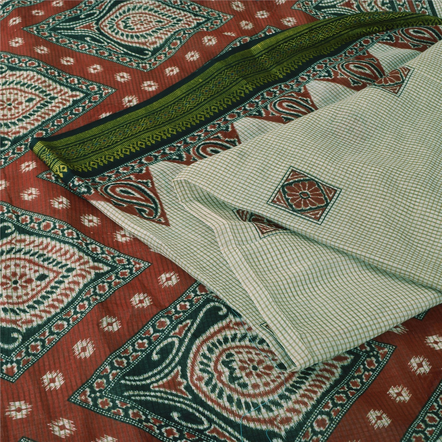 Sanskriti Vintage Sarees Ivory 100% Pure Cotton Printed Sari 5+yd Craft Sustainable Fabric