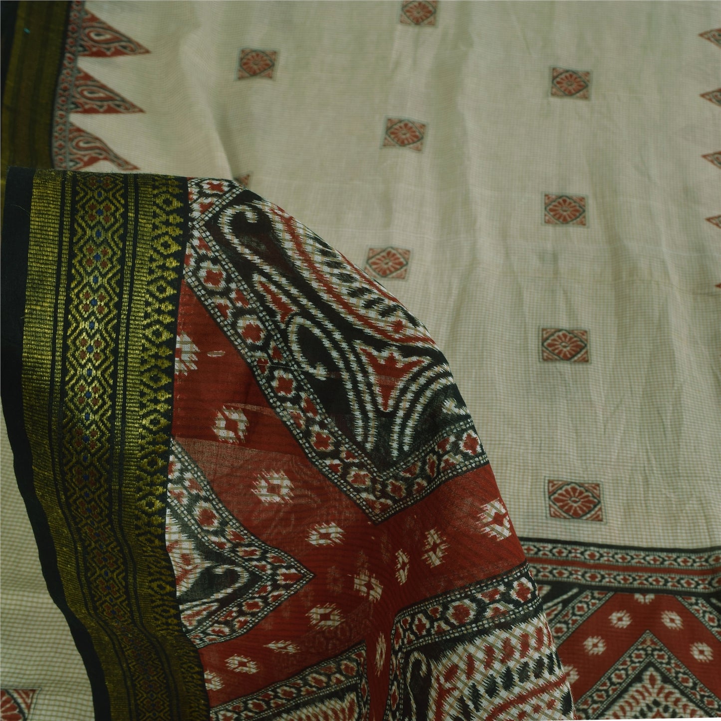 Sanskriti Vintage Sarees Ivory 100% Pure Cotton Printed Sari 5+yd Craft Sustainable Fabric