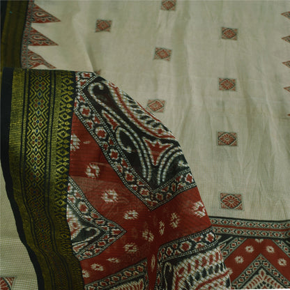 Sanskriti Vintage Sarees Ivory 100% Pure Cotton Printed Sari 5+yd Craft Sustainable Fabric