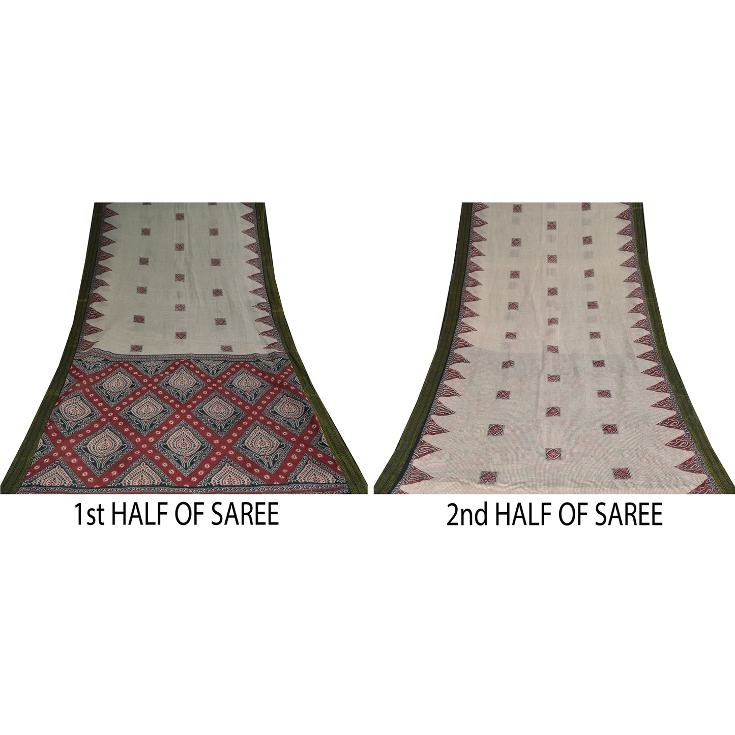 Sanskriti Vintage Sarees Ivory 100% Pure Cotton Printed Sari 5+yd Craft Sustainable Fabric