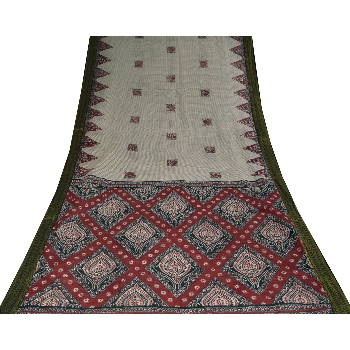 Sanskriti Vintage Sarees Ivory 100% Pure Cotton Printed Sari 5+yd Craft Sustainable Fabric