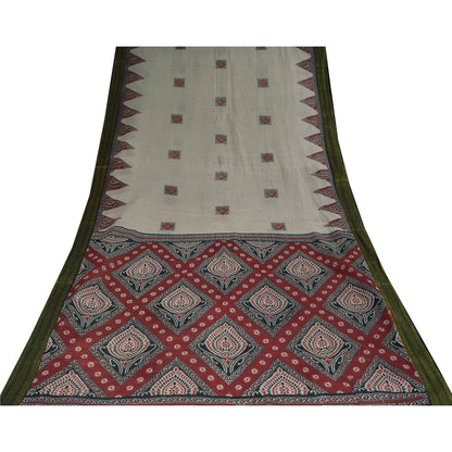 Sanskriti Vintage Sarees Ivory 100% Pure Cotton Printed Sari 5+yd Craft Sustainable Fabric