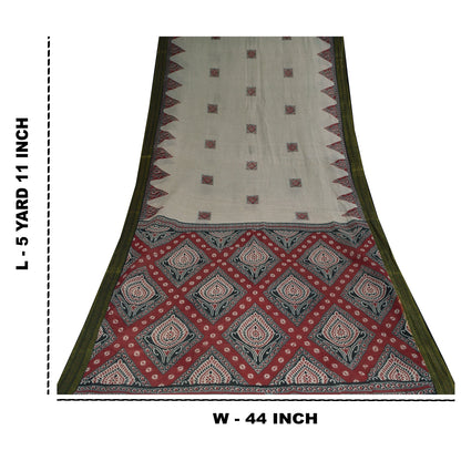 Sanskriti Vintage Sarees Ivory 100% Pure Cotton Printed Sari 5+yd Craft Sustainable Fabric
