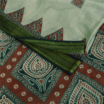 Sanskriti Vintage Sarees Ivory 100% Pure Cotton Printed Sari 5+yd Craft Sustainable Fabric