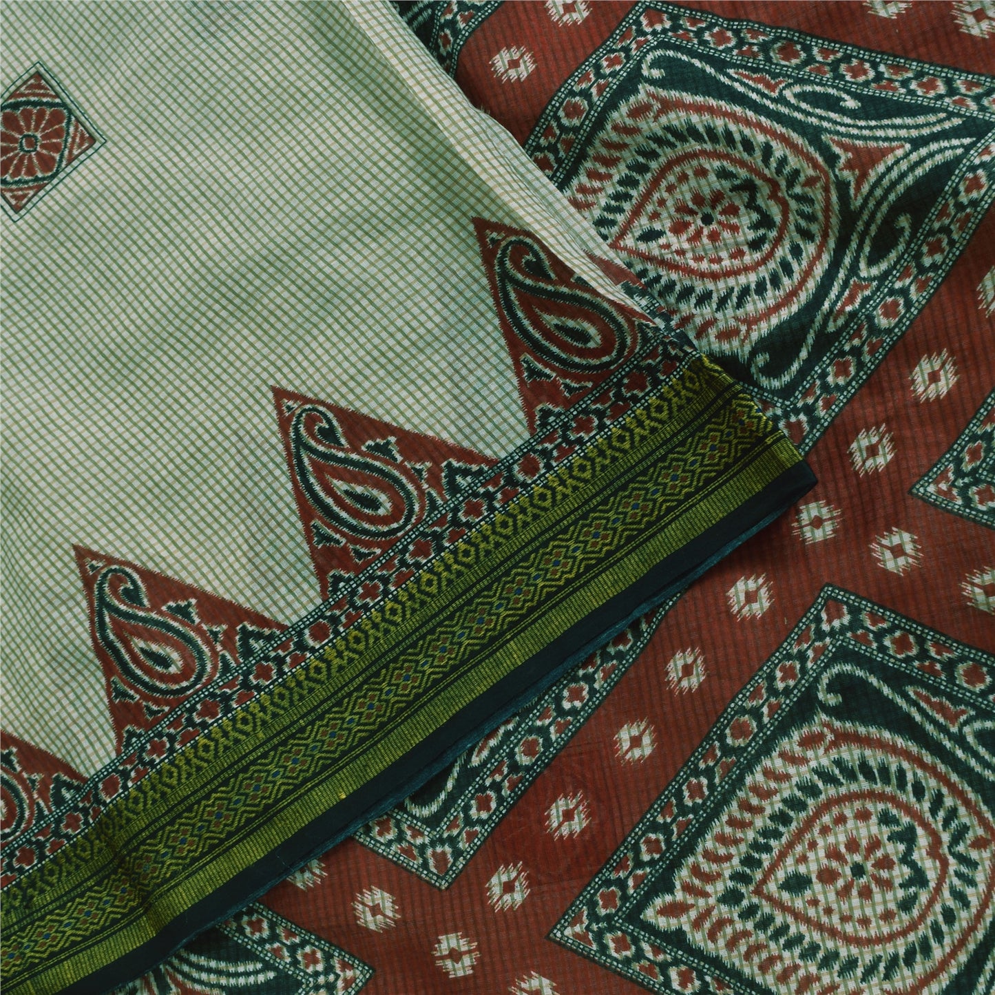 Sanskriti Vintage Sarees Ivory 100% Pure Cotton Printed Sari 5+yd Craft Sustainable Fabric