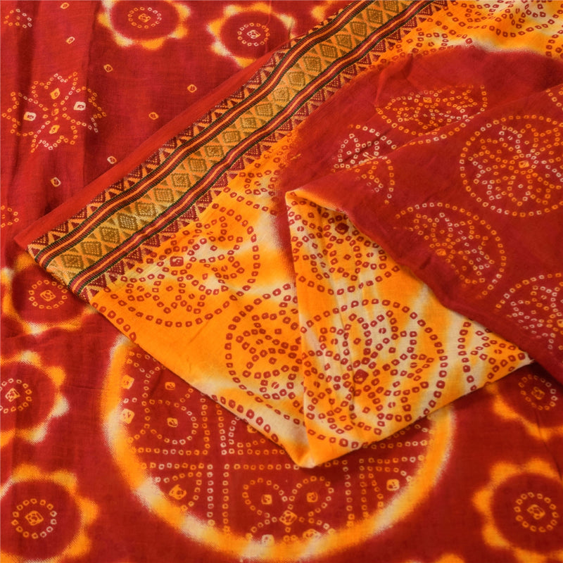 Sanskriti Vintage Sarees Red/Yellow Bandhani Pure Cotton Print Sari 5+yd Sustainable Fabric