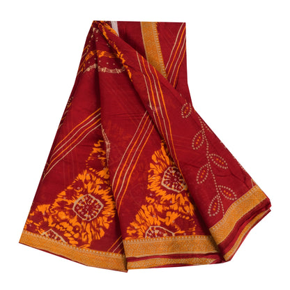 Sanskriti Vintage Sarees Red Bandhani Printed Pure Cotton Sari 5+yd Craft Sustainable Fabric