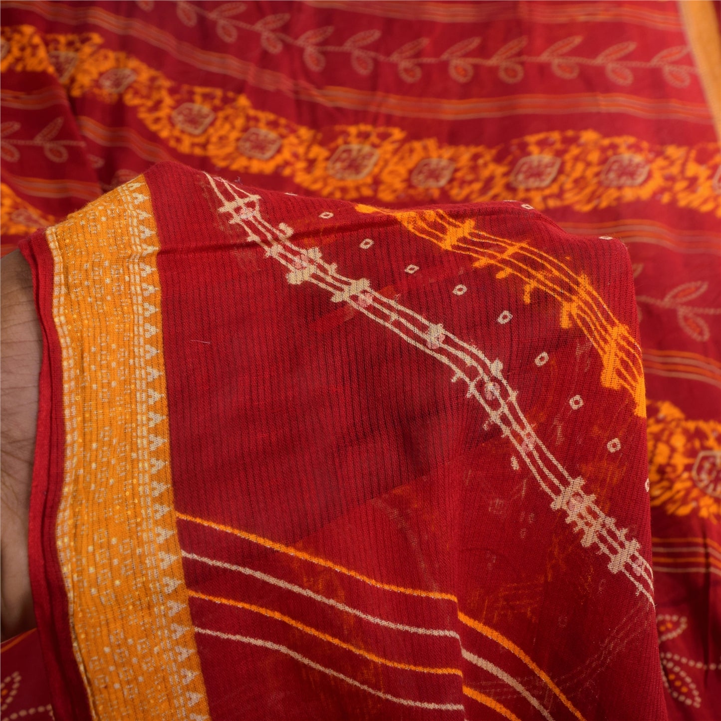 Sanskriti Vintage Sarees Red Bandhani Printed Pure Cotton Sari 5+yd Craft Sustainable Fabric