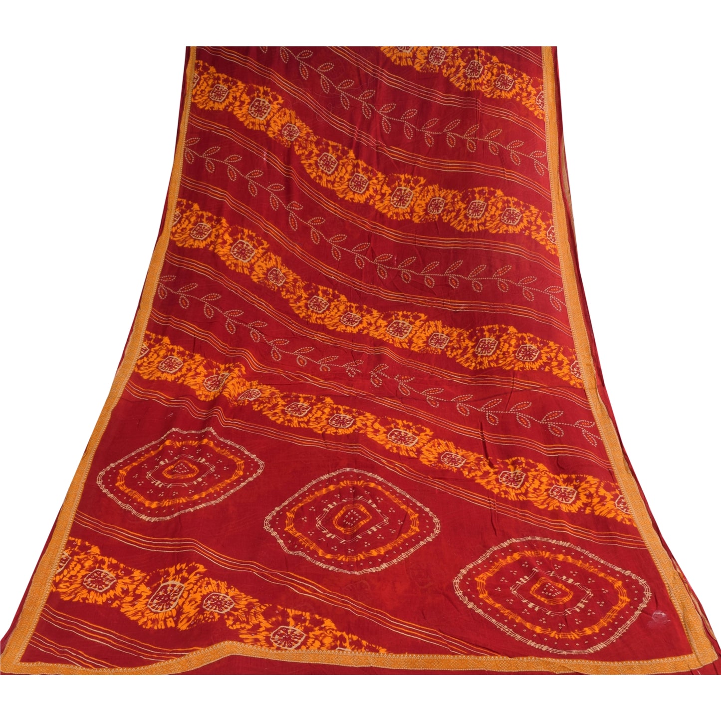 Sanskriti Vintage Sarees Red Bandhani Printed Pure Cotton Sari 5+yd Craft Sustainable Fabric