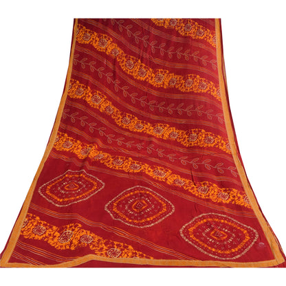 Sanskriti Vintage Sarees Red Bandhani Printed Pure Cotton Sari 5+yd Craft Sustainable Fabric