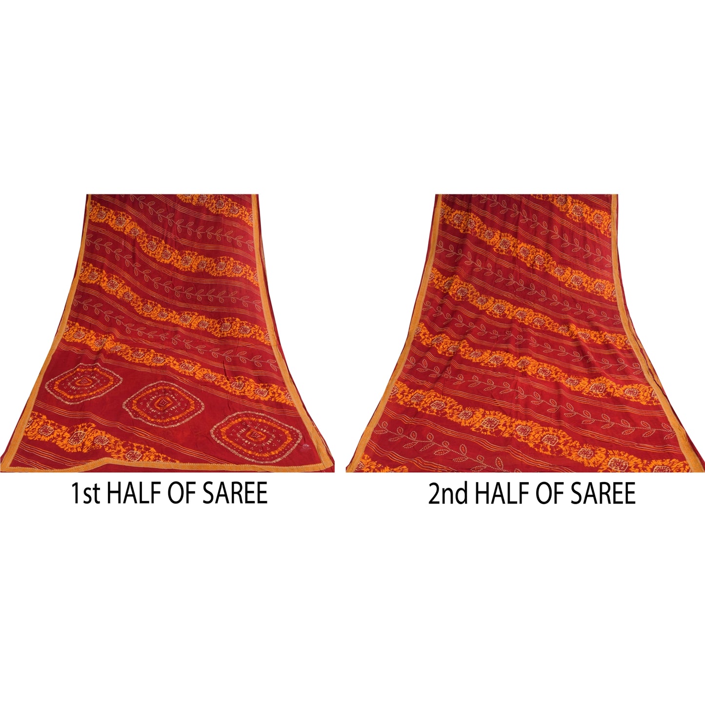 Sanskriti Vintage Sarees Red Bandhani Printed Pure Cotton Sari 5+yd Craft Sustainable Fabric