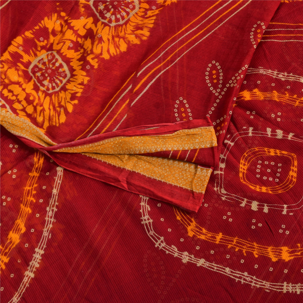 Sanskriti Vintage Sarees Red Bandhani Printed Pure Cotton Sari 5+yd Craft Sustainable Fabric