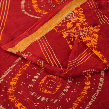 Sanskriti Vintage Sarees Red Bandhani Printed Pure Cotton Sari 5+yd Craft Sustainable Fabric