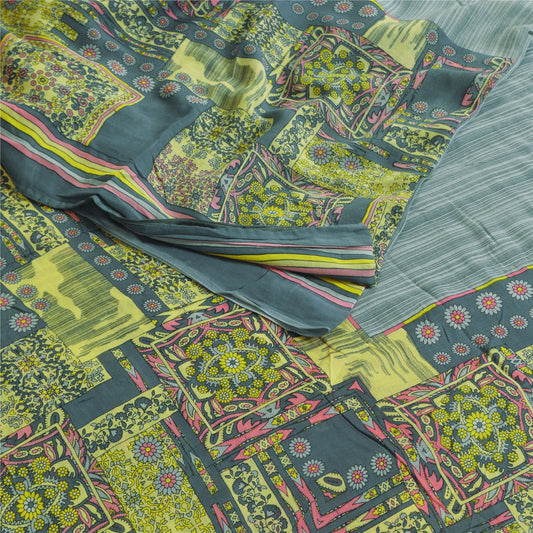 Sanskriti Vintage Sarees Indian Gray Pure Cotton Printed Sari 5+yd Craft Sustainable Fabric