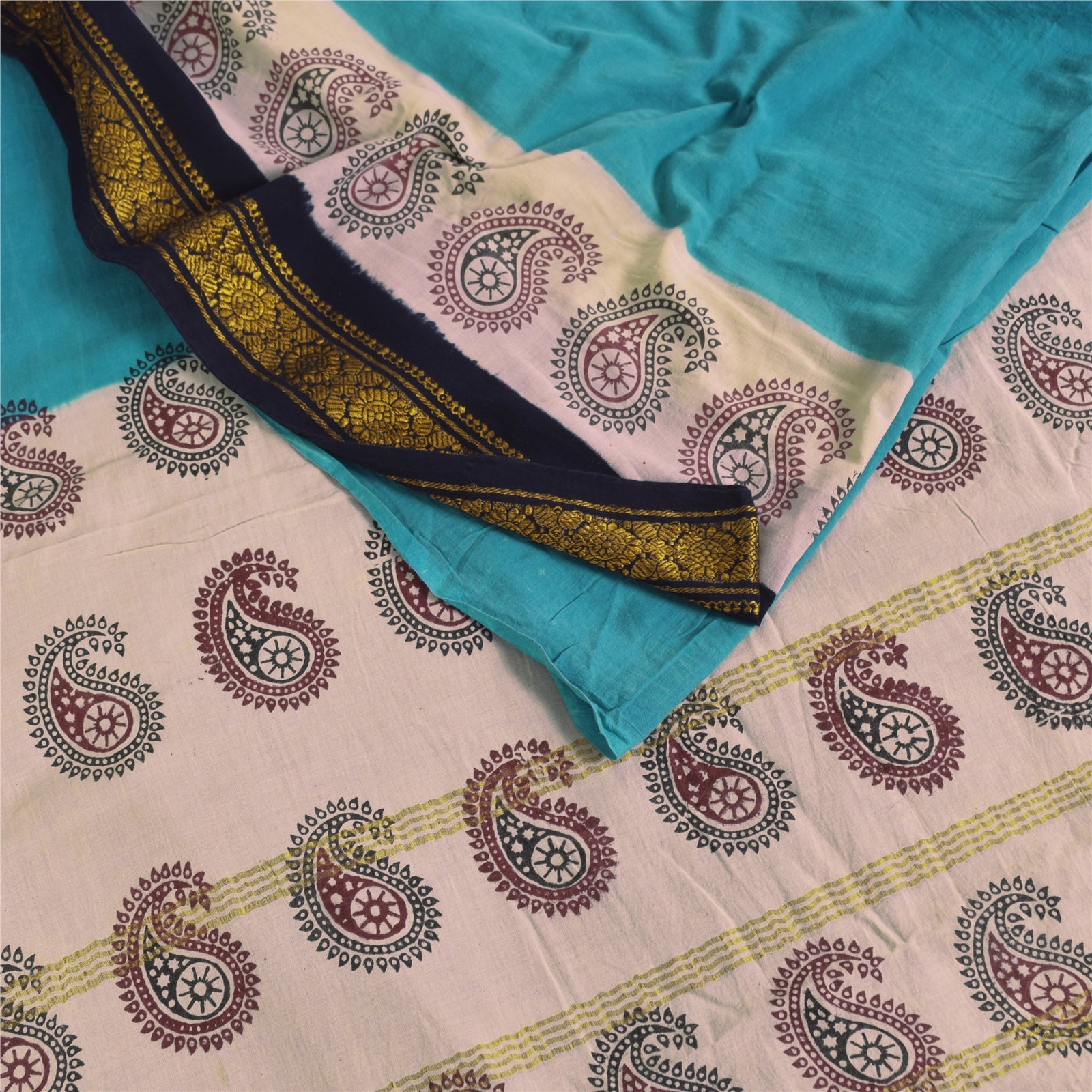 Sanskriti Vintage Sarees Blue Pure Cotton Hand Block Printed Sari 5+yd Sustainable Fabric